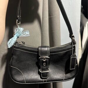 Coach Black Leather Shoulder Bag with Blue Accent
